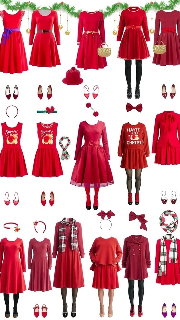 Festive Red Christmas Party Outfits for School A collection of stylish red Christmas outfits for school, including dresses and sweaters, displayed in a festive holiday setting.